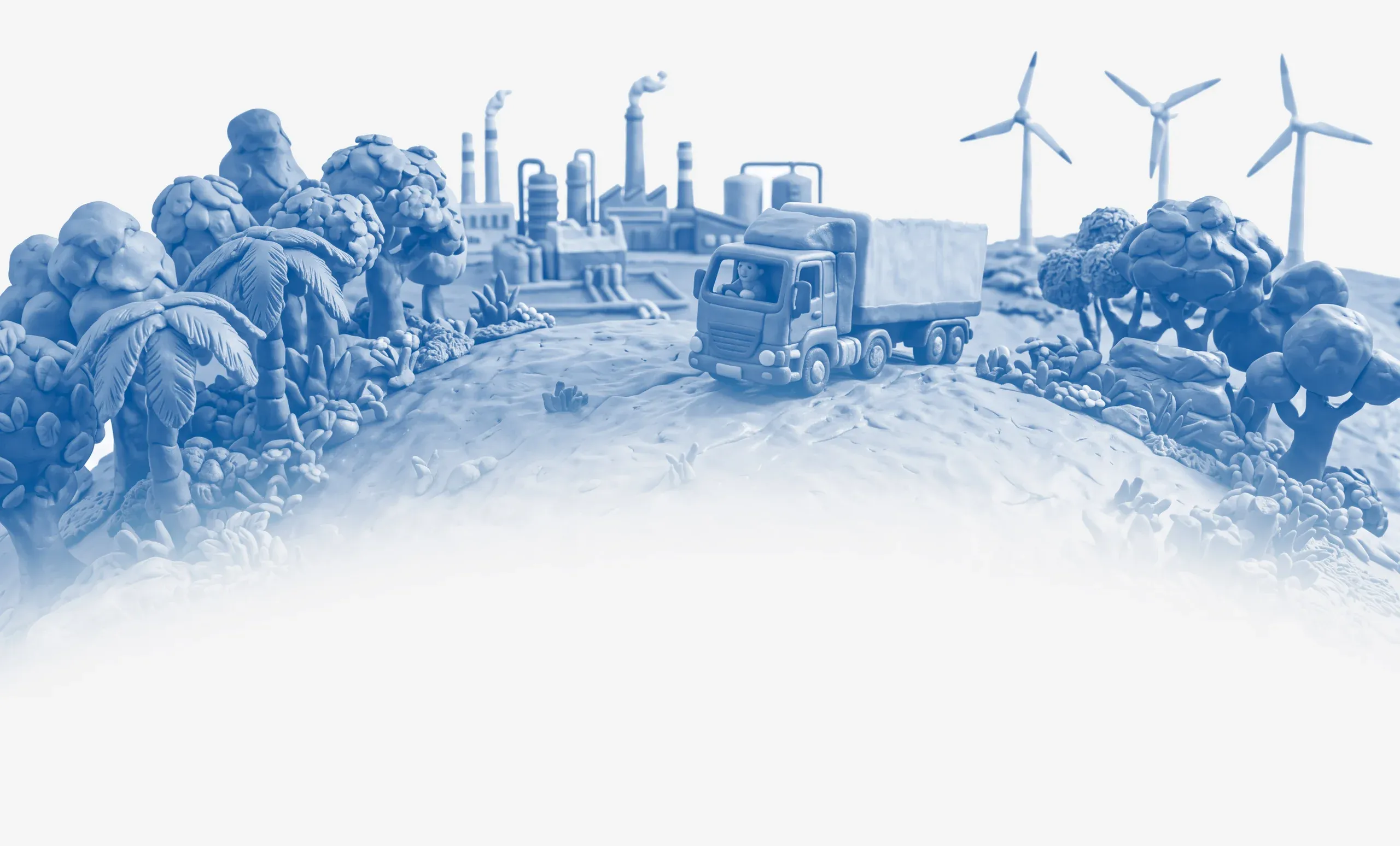 A truck crosses a hill among palm trees, factories and wind turbines: the global supply chain of B&B Corporation.
